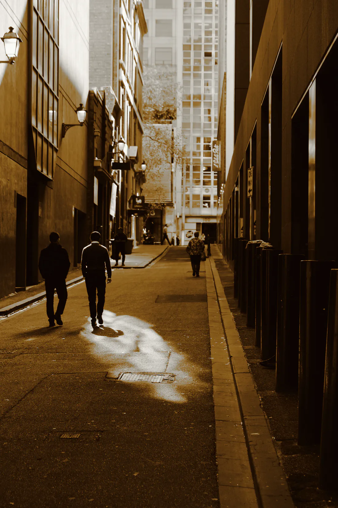 Two people walking through a patch of sunlight in a shaded city laneway
